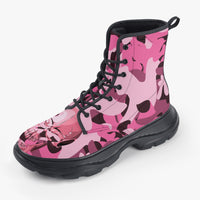 Pink Skull Camo Unisex Leather Boots Casual Weather Fashion Boots